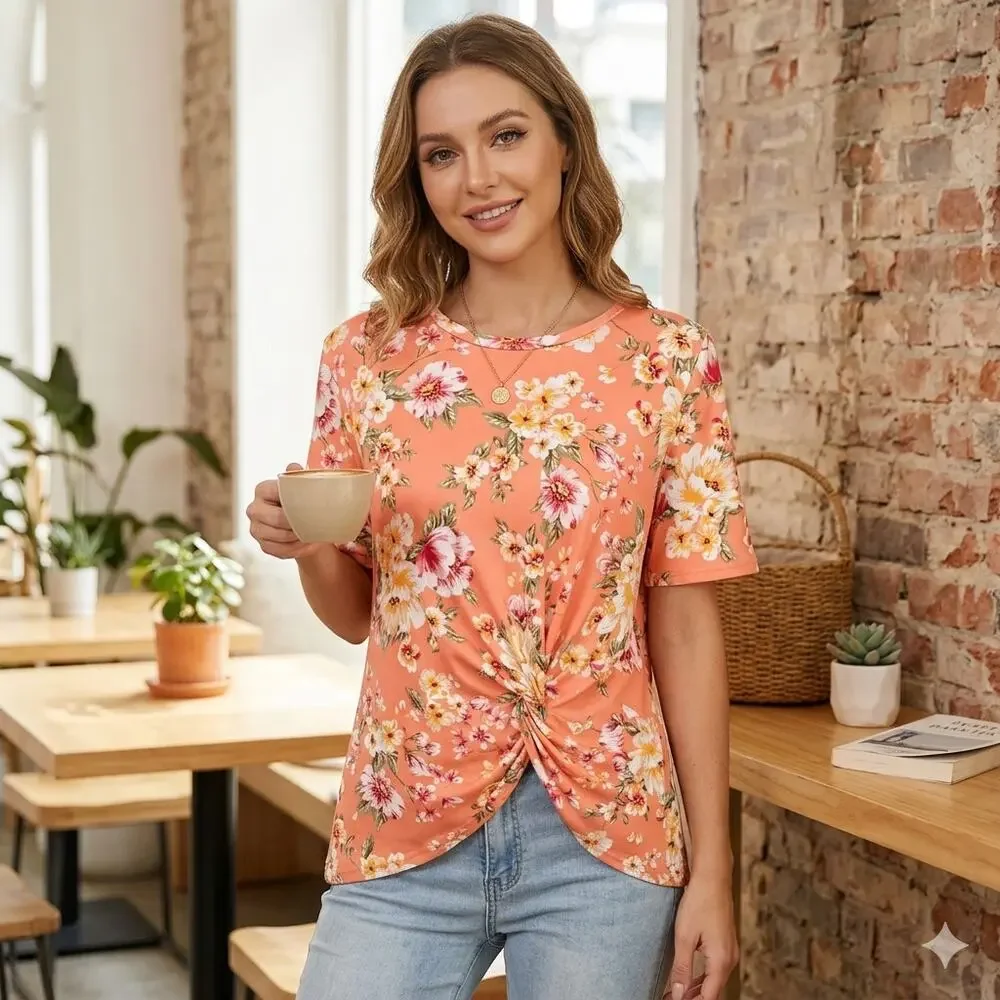 Tiana B Coral Pink Floral Short Sleeve Twist Front Top NWT Size 1X